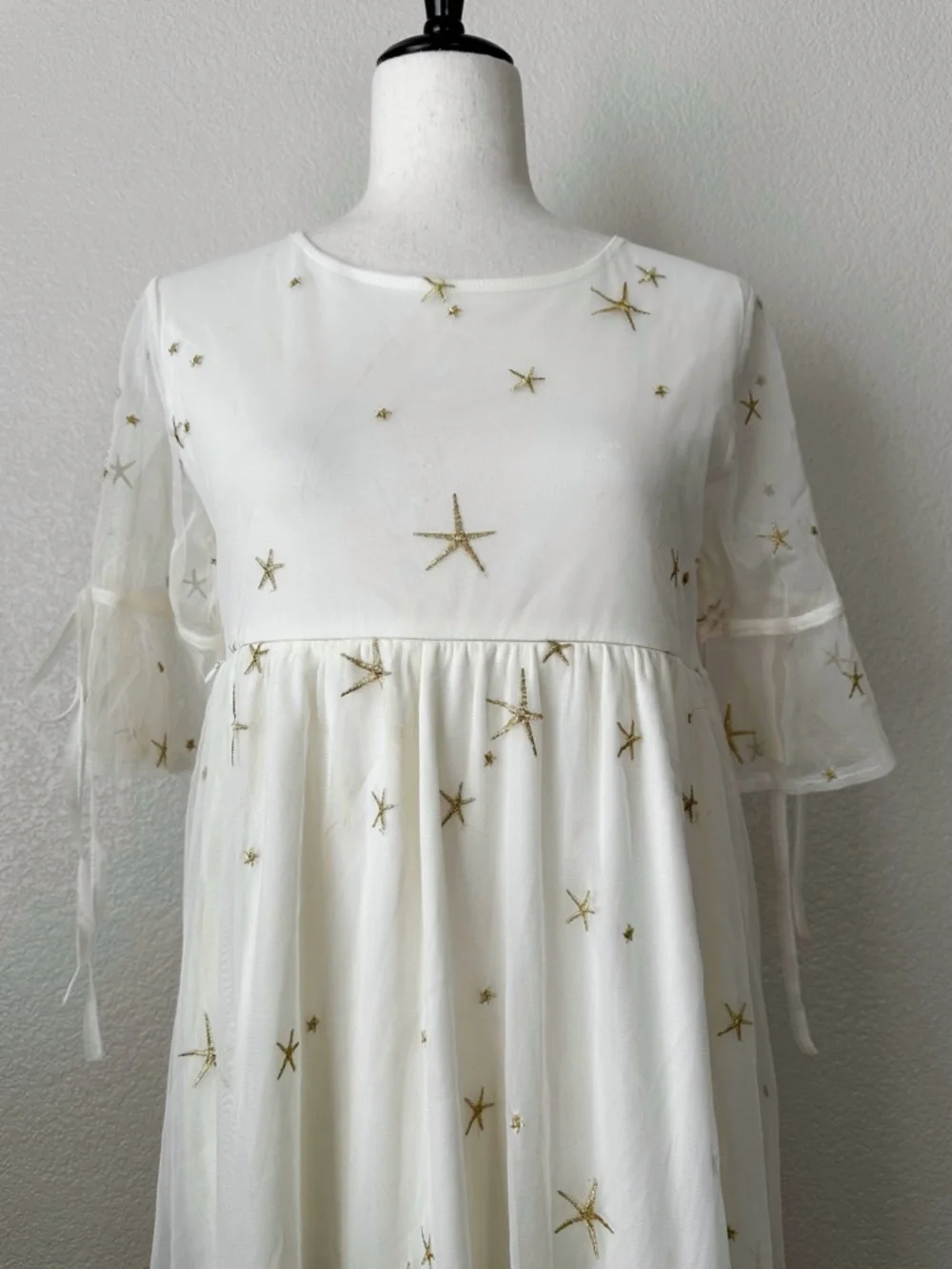 GeLaiMei Girls Size 14-15 Embroidered Gold Stars Mesh Overlay Swing Dress - Picture 2 of 11